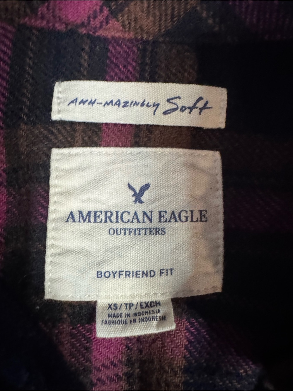 American Eagle AhhMazingly soft Boyfriend Fit Plaid Flannel Shirt Purple XS - Picture 2 of 5
